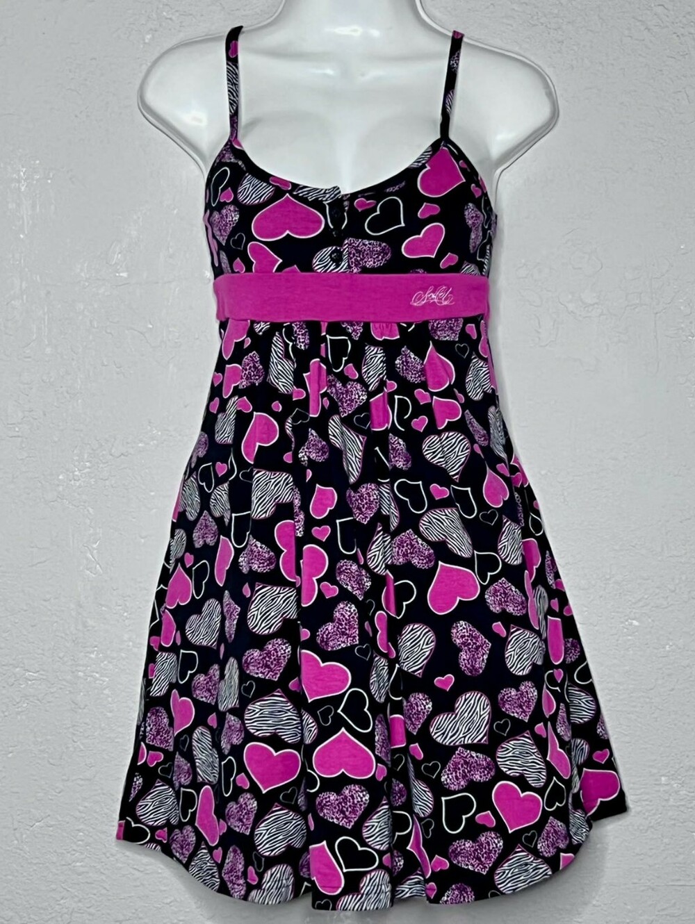 So Cal Y2k Black Mini Dress with Hot Pink Heart Print and Pink Empire Band